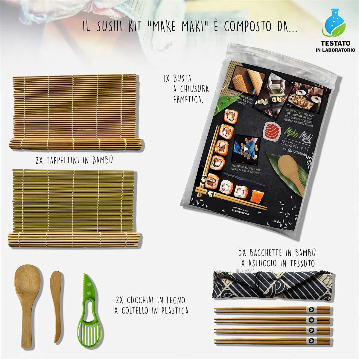 Make Maki Kit Sushi 10 Pezzi in Bamboo sushi kit Sushi Maker per Cibo Giapponese con Bacchette Giapponesi Set Sushi Certificato Omaggio Ricettario E Video Tutorial