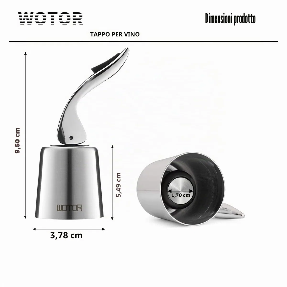 WOTOR Tappi bottiglie vino in acciaio inox, Tappo per vino con guarnizione in silicone, riutilizzabile accessori vino, a prova di perdite, per mantenere il vino fresco, confezione da 2 (argento)
