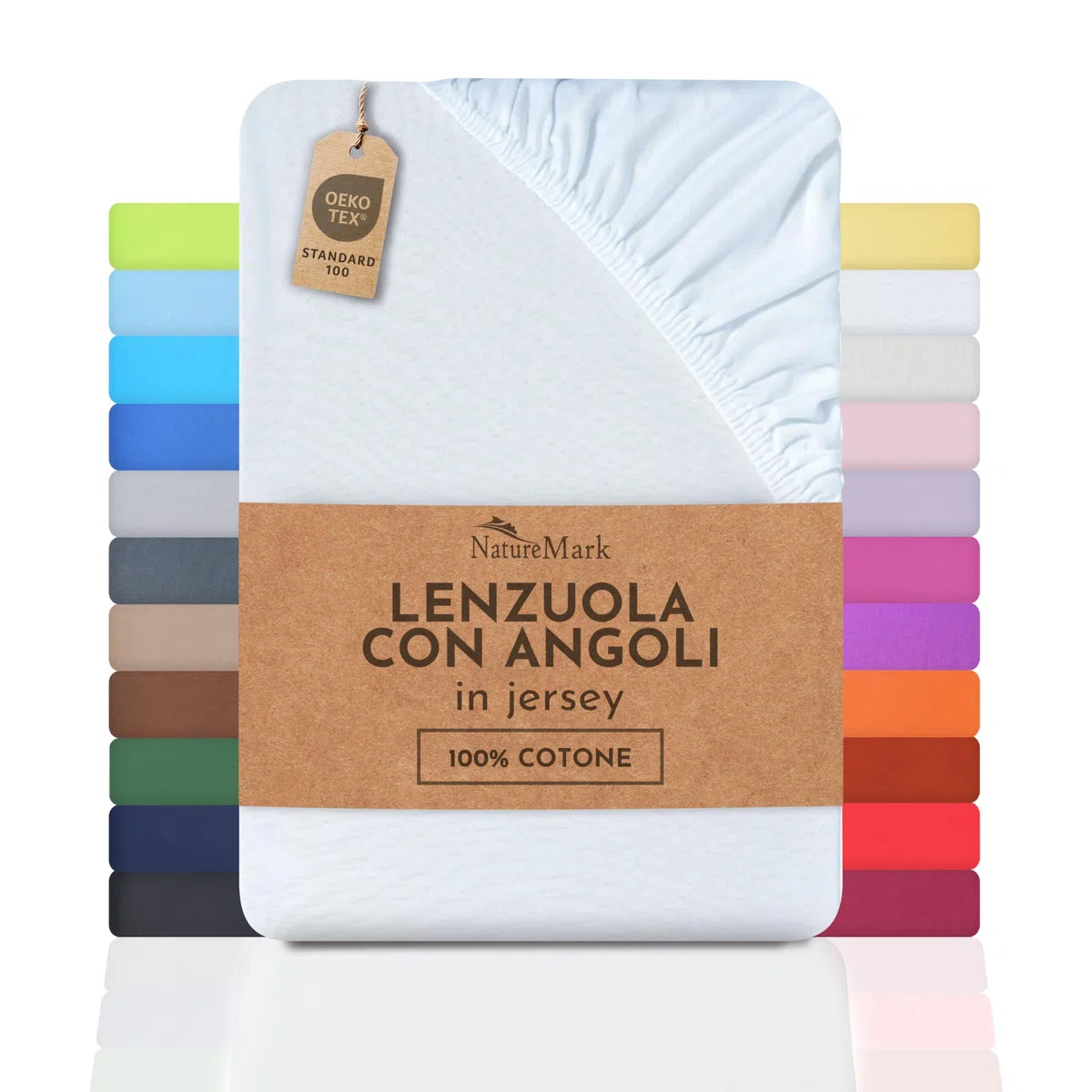 NatureMark Lenzuolo con angoli elasticizzati in jersey, in 100% cotone, in molti colori e misure, conforme all’Oeko-Tex Standard 100, 180 x 200 cm - 200 x 200 cm - bianco