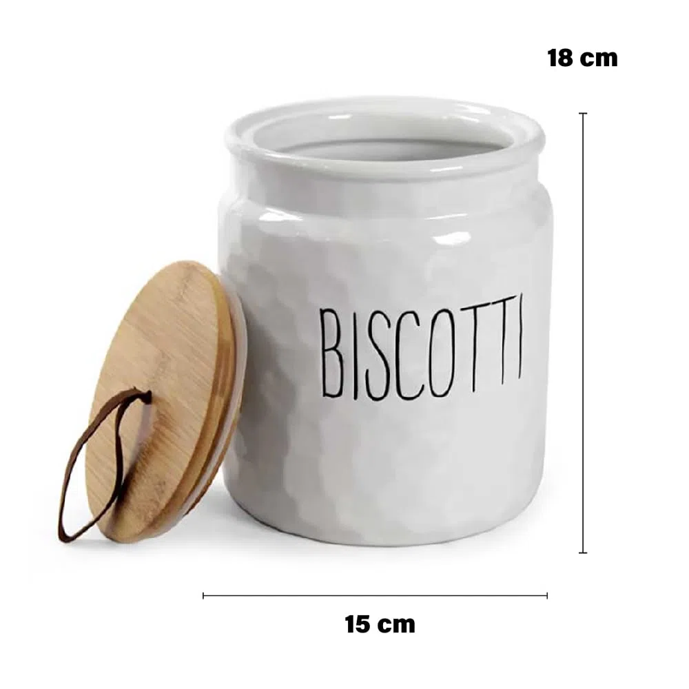 Barattolo Biscottiera 15x18h cm - in Ceramica, Rotondo, Effetto Ondulato, con Scritta Biscotti Nero o Bianco, Tappo in Legno, Chiusura Ermetica, Conservazione, Minimalista (Bianco)