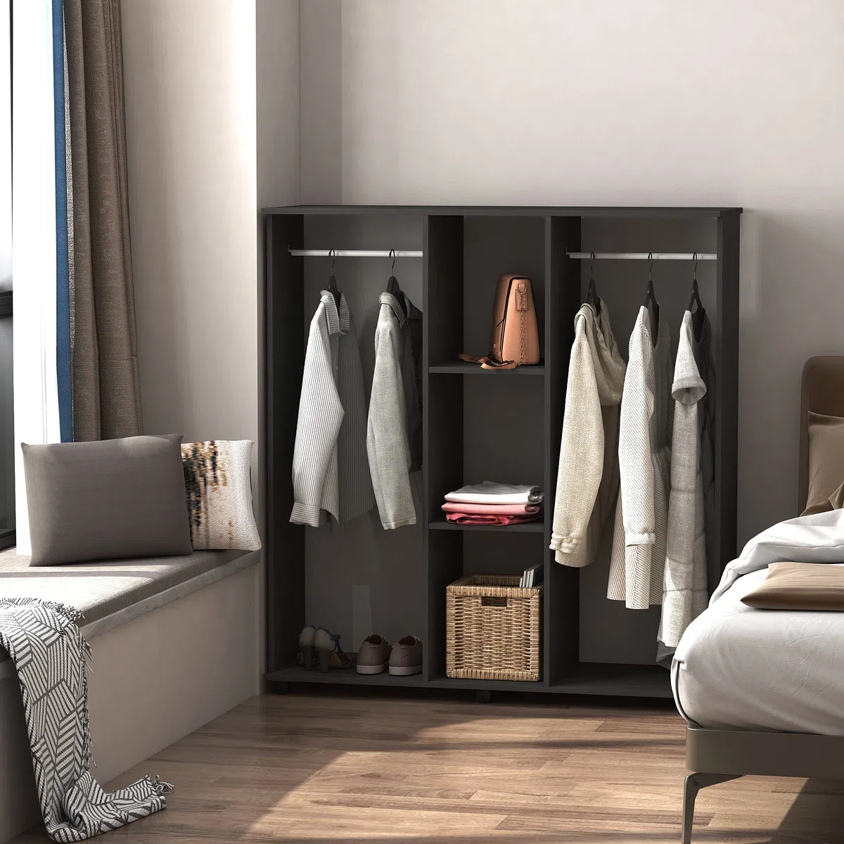HOMCOM Stand Appendiabiti con 6 Ruote, Appendiabiti da Terra con 5 Ripiani e 2 Aste per Vestiti, Guardaroba Porta Abiti in Legno e Alluminio, per Camera da Letto Soggiorno Corridoio Ingresso, Nero
