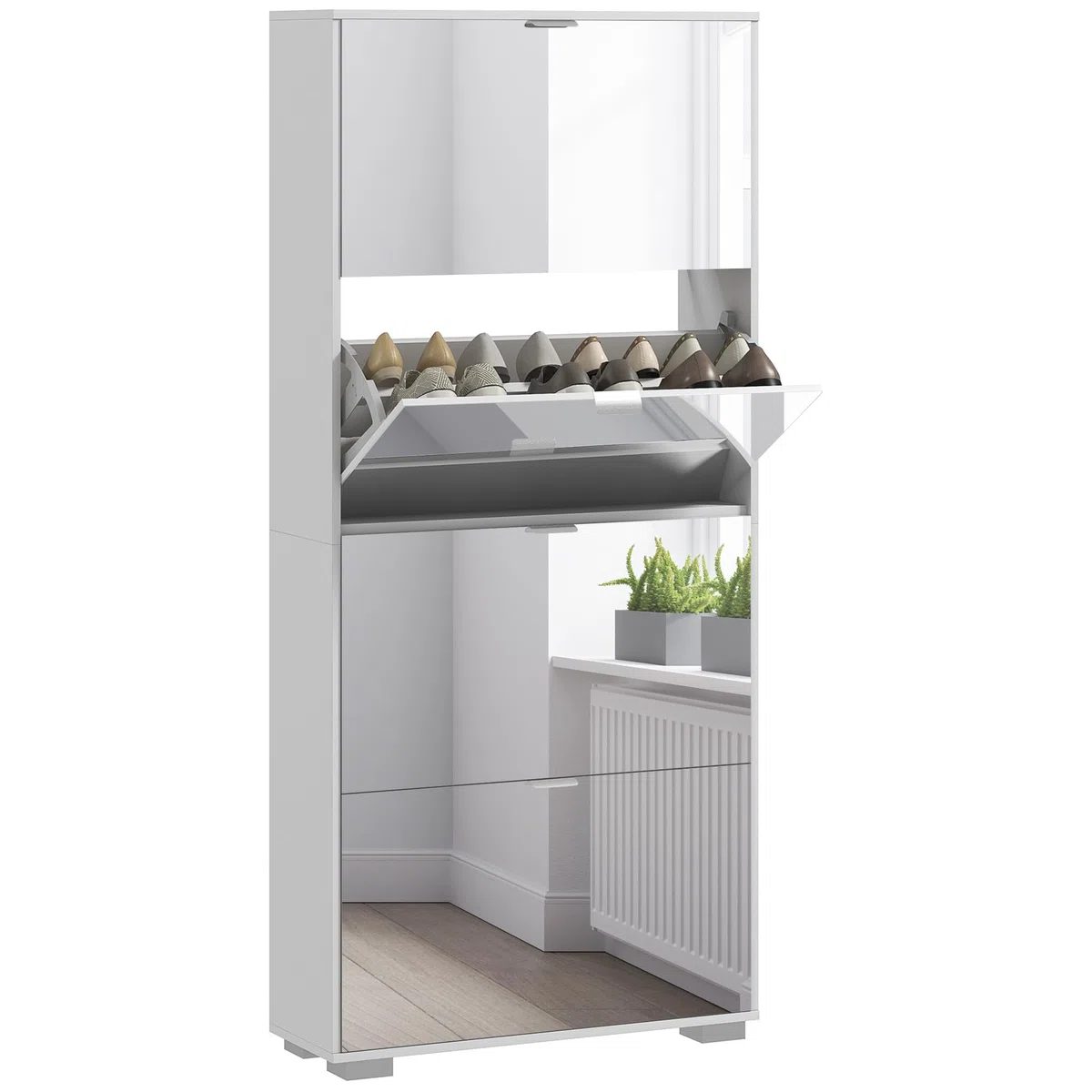 HOMCOM Scarpiera Salvaspazio con Specchio e 4 Cassetti a Ribalta, Mobile Portascarpe Slim per 24 Paia di Scarpe per Ingresso e Camera, 76x26x178cm, Bianco