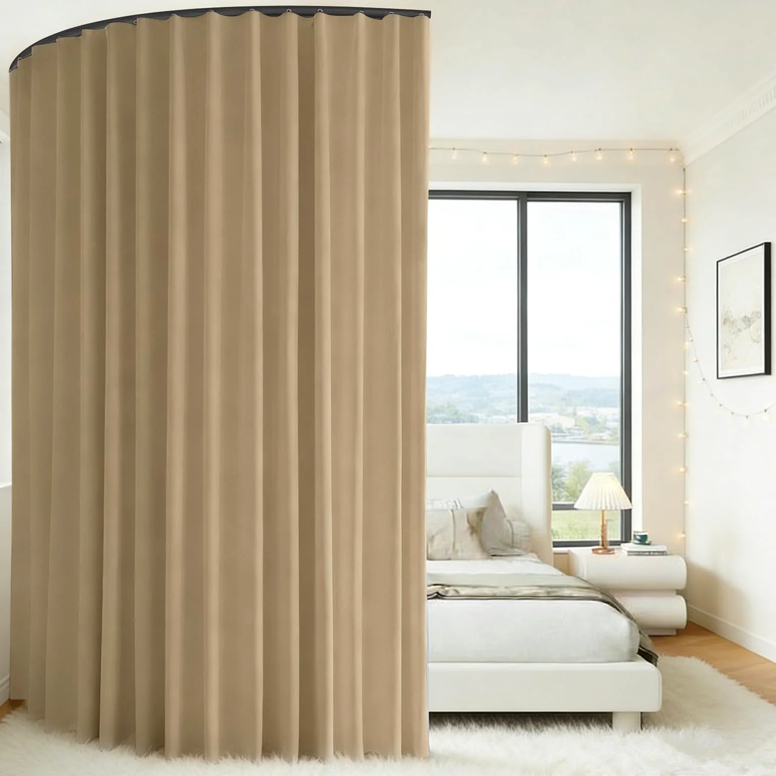 Tenda divisoria con binari, tenda divisoria extra larga, oscurante, con guida flessibile per soffitto, opaca, isolamento termico, isolamento acustico, divisorio (beige, 2,2 x 2,7 m)
