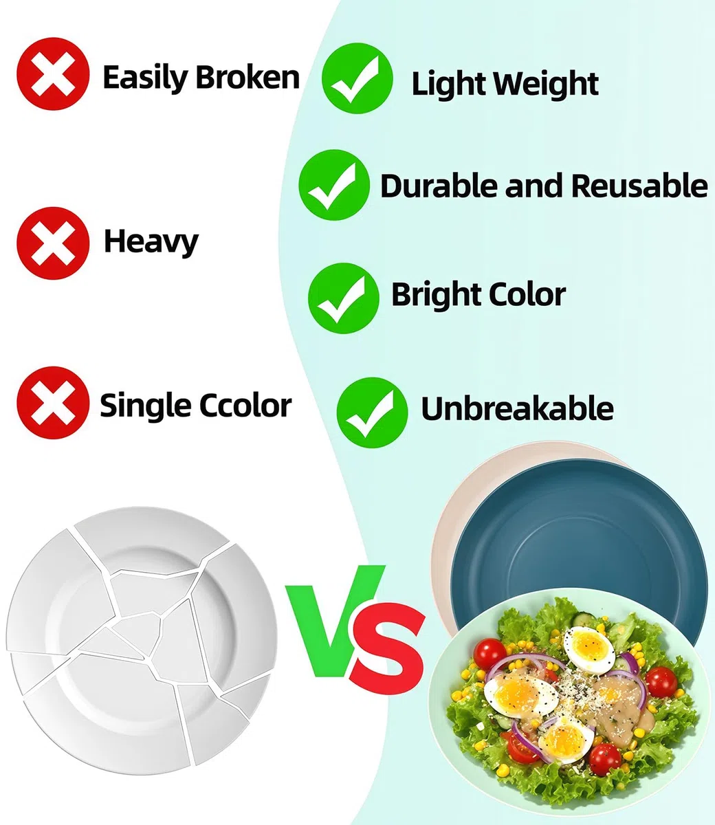6 Pezzi Piatti in Plastica da 22.5cm/9 inch, Infrangibili Piatti da Campeggio, Piatti Plastica Rigida Lavabili e Riutilizzabili per Insalata, Pasta, Casa, Microonde e Lavabili in Lavastoviglie