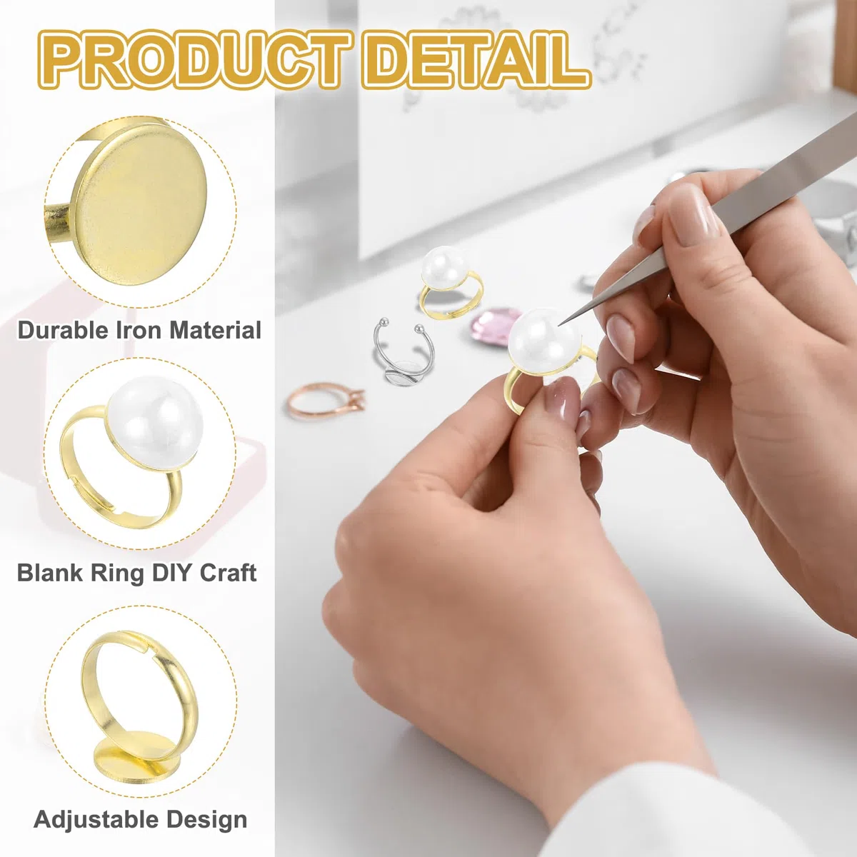 QUARKZMAN 10Pcs Anelli In Metallo Base Vuota, 14mm Cuscinetto Regolabile Cabochon Anello Vuoto Base Vassoio Piano Per Creazione Gioielli DIY, Argento/Oro
