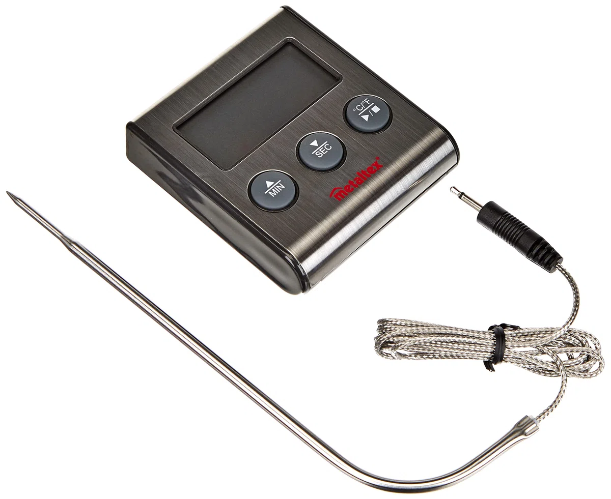 Metaltex Termometro Digitale da Cucina con sonda e Timer, Acciaio Inox, Grigio, 20 x 20 x 6 cm