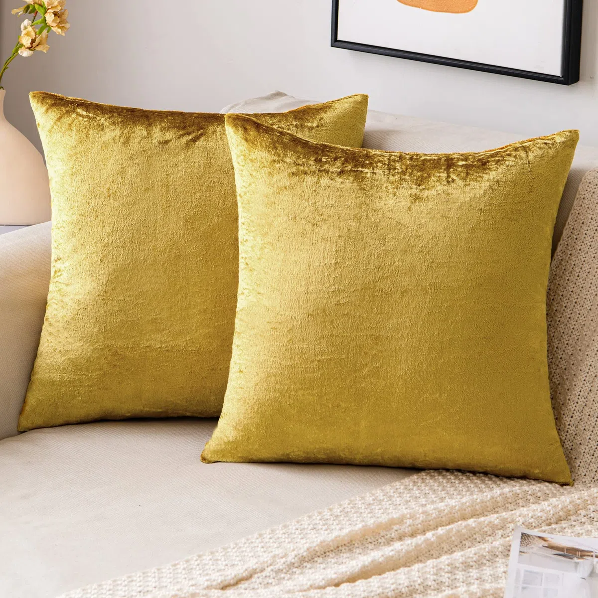 EMEMA Federe in velluto Copricuscini Decorativi Fodere Quadrate per Cuscino per Divano Camera da Letto Casa 40x40 cm Confezione da 2 Oro Luxueux