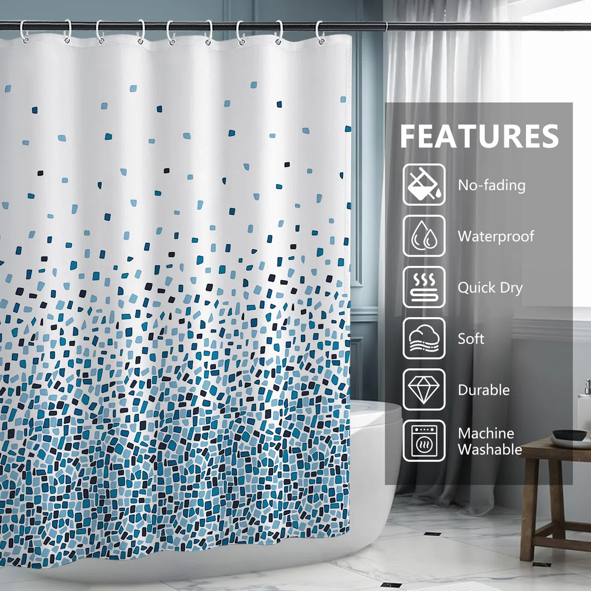 Tenda Doccia 180x200cm, Tenda per Doccia Impermeabile Polyester Lavabile con 12 Anelli, Orlo Ponderato, Blu Mosaico