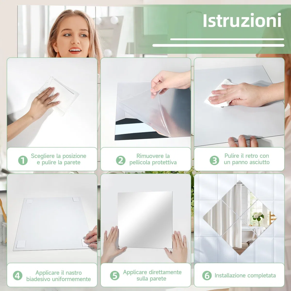 4 Pezzi Specchio Adesivo da Parete 30x30cm, Pellicola Specchio Acrilica, Specchio Autoadesivo per Bagno Soggiorno Camera Armadio