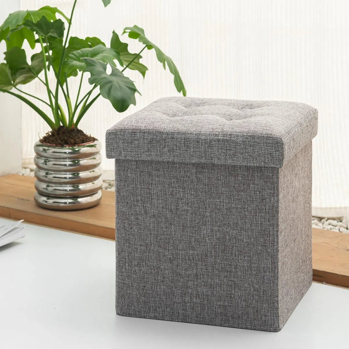 Oak & Tea Pouf Coffre de Rangement Contenitore Poggiapiedi Pieghevole Divano Cubi Portaoggetti con Coperchio Puffo Contenitore Grigio 30x30x30cm ottoman storage box