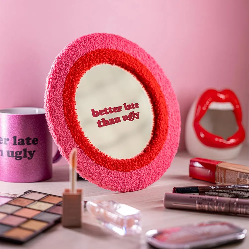 Fisura - Specchio da tavolo originale. Specchio per trucco da 25 centimetri. Specchio decorativo da parete Piccolo specchio da tavolo. (Better late, rosa)