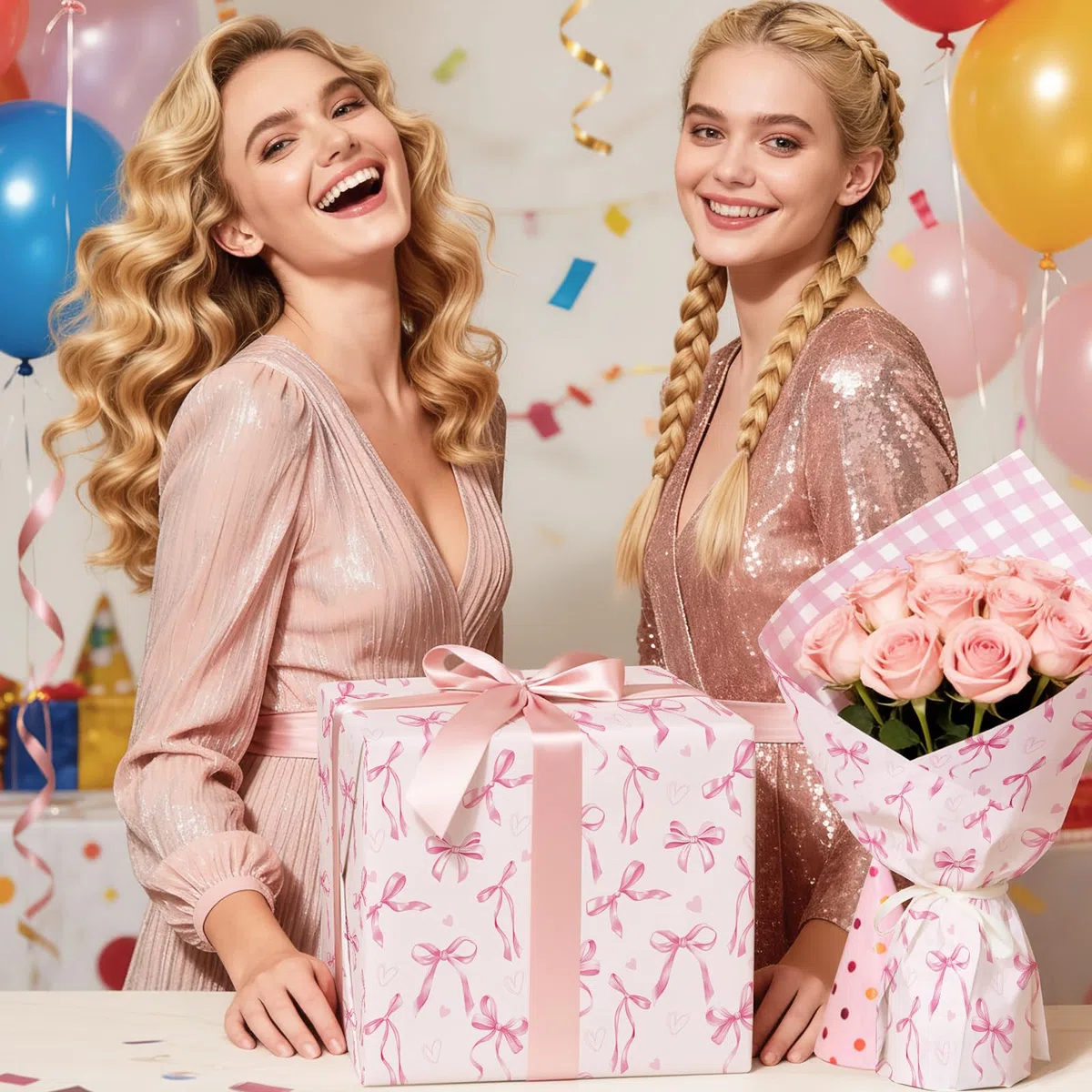 Neloheac Rotolo Carta da Regalo Fiocchi e Cuori Rosa Reversible Quadri, 43 cm x 10 m, Ideale per Compleanni di Ragazze Donne, Festa della Mamma, San Valentino, Bridal Shower, Matrimoni