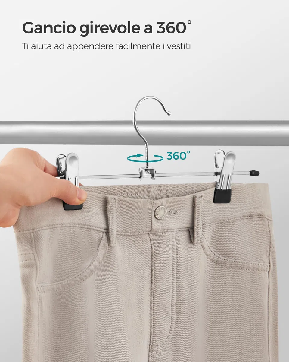 SONGMICS Grucce Pantaloni in Metallo, 20 Pezzi, Grucce Appendiabiti con Pinze per Gonne Calze, Lunghezza 31 cm, Capacità di Carico Elevata, Cromato, Argento Metallizzato e Nero Inchiostro CRI003-20