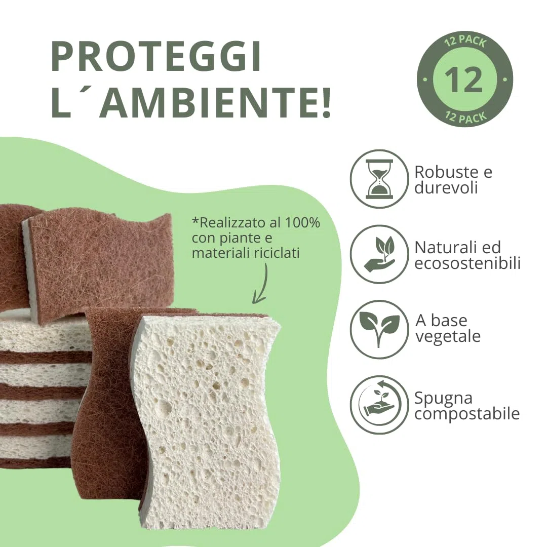 Spugna da cucina naturale biodegradabile Bio4You, compostabile, in cellulosa e noce di cocco, confezione da 12 spugne ecologiche per piatti, forma pratica