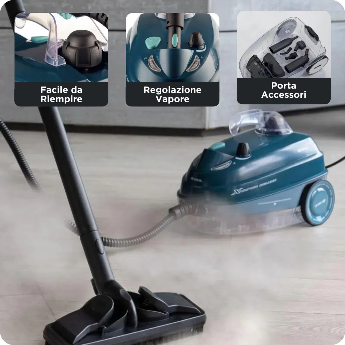 Ariete 4146 XVapor Deluxe, Pulitore a Vapore Mobile, 5 bar, Vano Portaccessori Integrato, Autonomia fino a 55', Cavo 6 m, 1500W, Blu