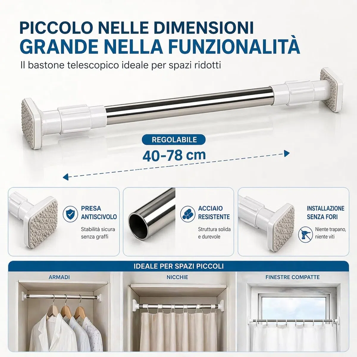 Bastone Telescopico Estensibile 48–78 cm Senza Fori – Asta a Pressione con Piedini Antiscivolo, Struttura in Acciaio Inox Resistente, Ideale per Doccia, Armadi, Nicchie e Finestre Piccole
