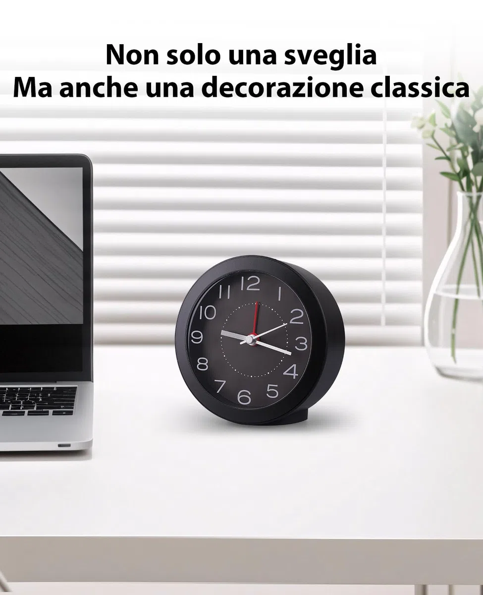 Sveglia Analogica da Comodino Silenziosa Senza Ticchettio, con Funzione Snooze e Quadrante Luminoso, Alimentazione a Batterie (Include 2 AA), Design Compatto per Camera da Letto, Viaggi e Ufficio