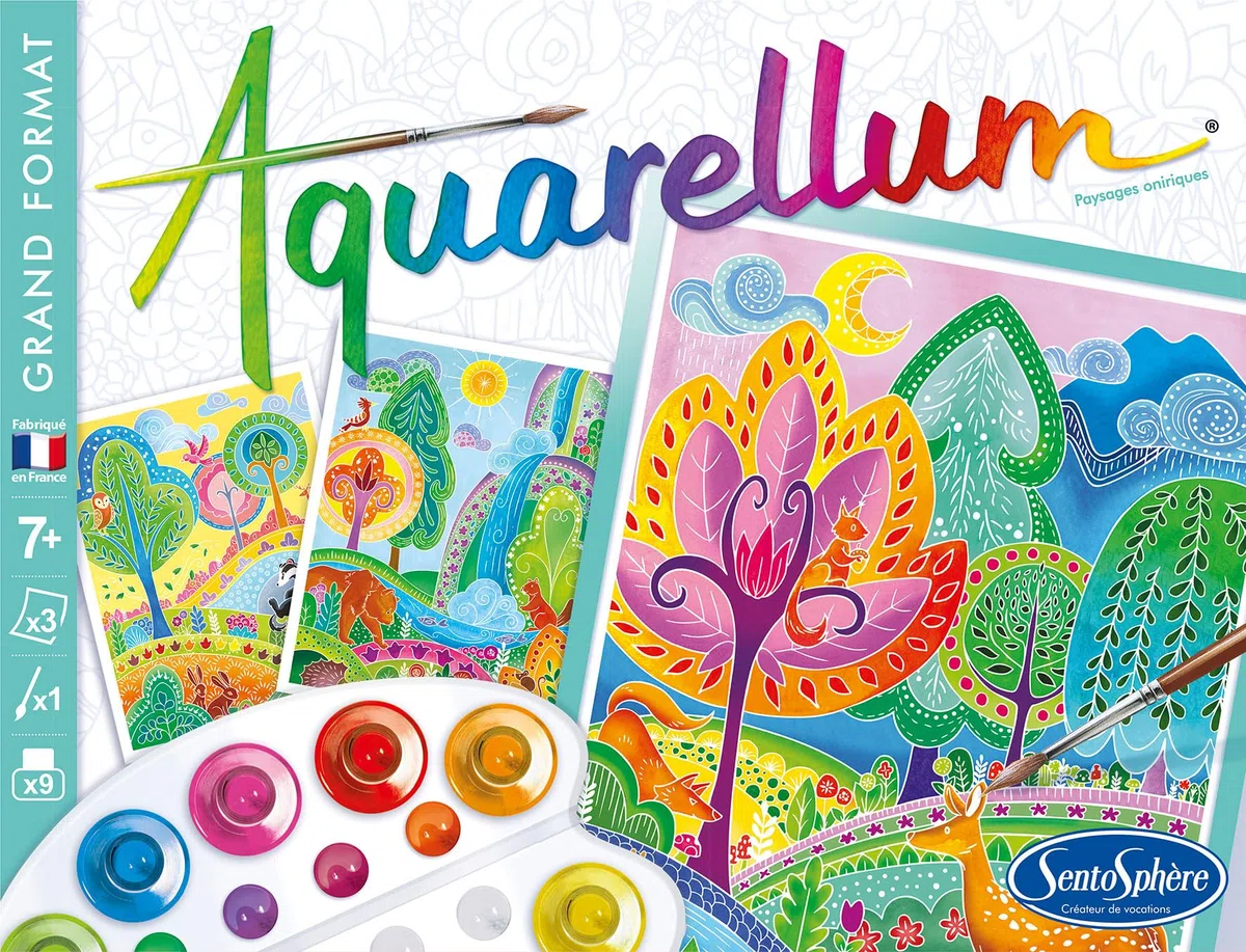 SentoSphère - Aquarellum - Paesaggi Oniriques - Kit pittura ad acquerello - Attività creativa con 3 quadri 32,5 x 25 cm - 9 dipinti inclusi - 7-99 anni - Made in France -6404
