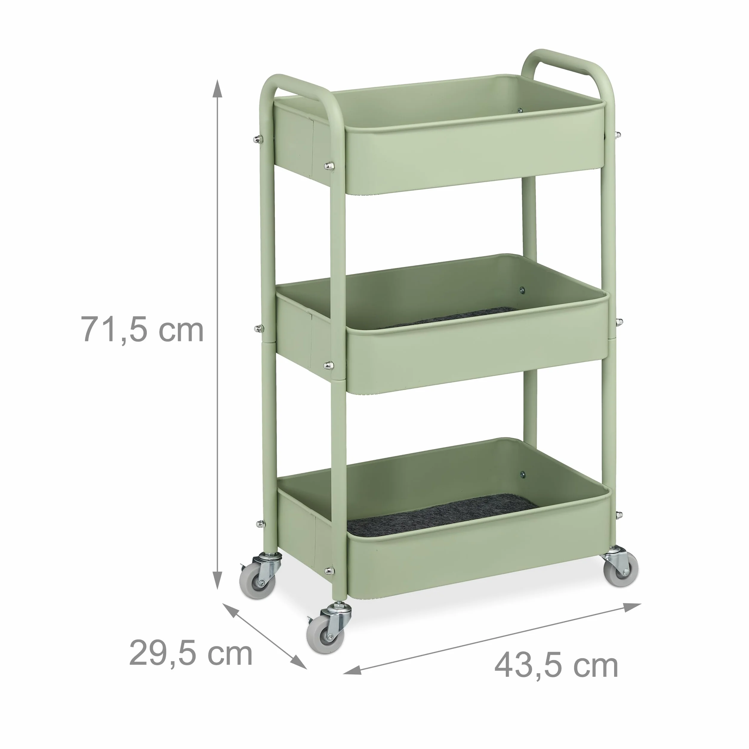 Relaxdays Carrello da Cucina con Ruote, 3 Ripiani, Carrellino Portaoggetti Bagno, Detersivi, 71,5x43,5x29,5 cm, Verde