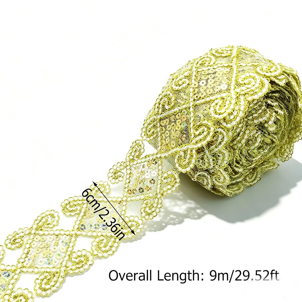 10 Yards Pizzo dorato, Nastro in Tessuto con Paillettes Glitterate, per Artigianato Abbigliamento Matrimonio Fai da Te Bouquet da Sposa Abbellimenti (9 m x 6 cm, Oro)