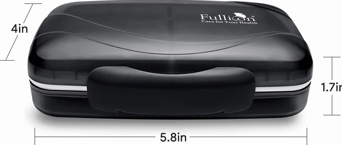 Fullicon - Portapillole da viaggio, grande, portatile, con 8 scomparti, contenitore per pillole e vitamine, ermetico e a prova di umidità (nero)