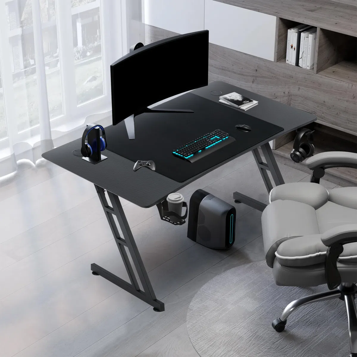 ACXIN Tavolo da gioco, 120 x 60 cm, scrivania per computer con gancio per cuffie e porta bevande, struttura a forma di Z, design ergonomico, scrivania in fibra di carbonio, nero