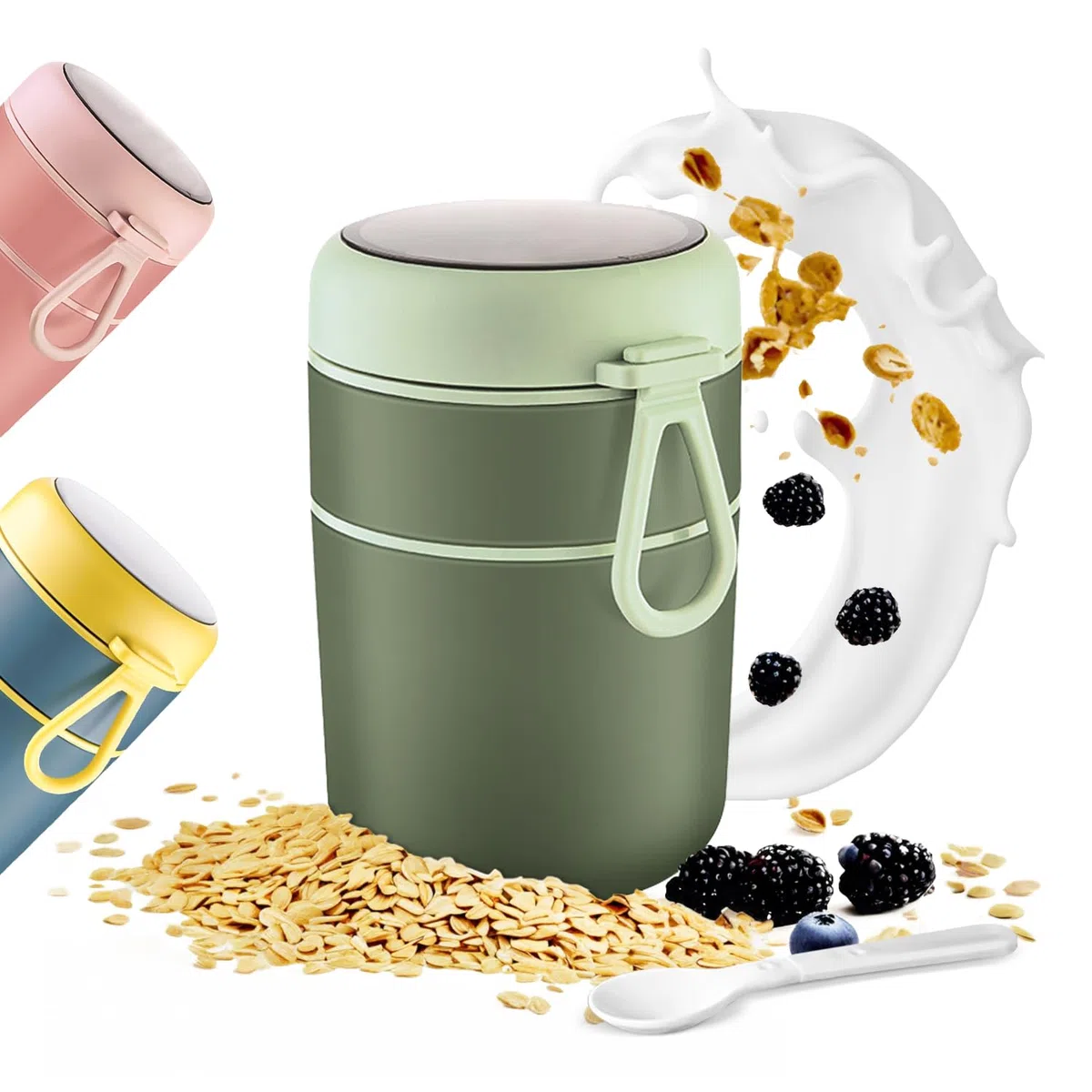 Tazza per Cereali 2 in 1, 600ml+210ml Tazza per Yogurt Portatile, Riutilizzabili Tazza di Muesli To Go per muesli, yogurt, pappe, porridge, avena notturna, gelati e zuppe (Verde)