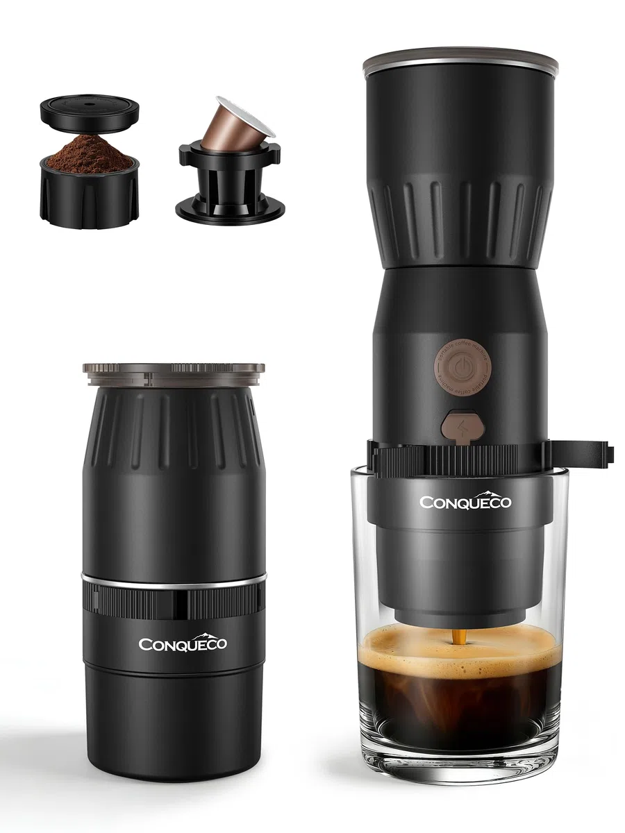 CONQUECO Macchina Caffè Portatile 2in1, 455g Ultraleggera Non Riscalda l’Acqua (Richiede Acqua Calda), Serbatoio 160ml, Cialde NS e Macinato, USB-C 250 Tazzine, 30s Estrazione, Per Campeggio e Viaggio