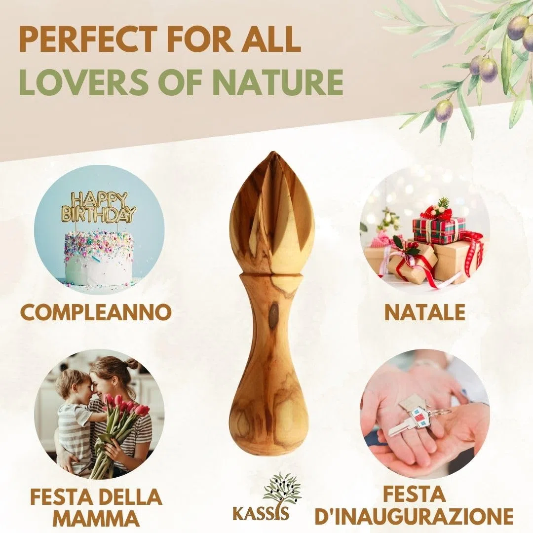 KASSIS Spremiagrumi in legno d'ulivo per succo fresco, per lime, per arance, fatto a mano 14 cm