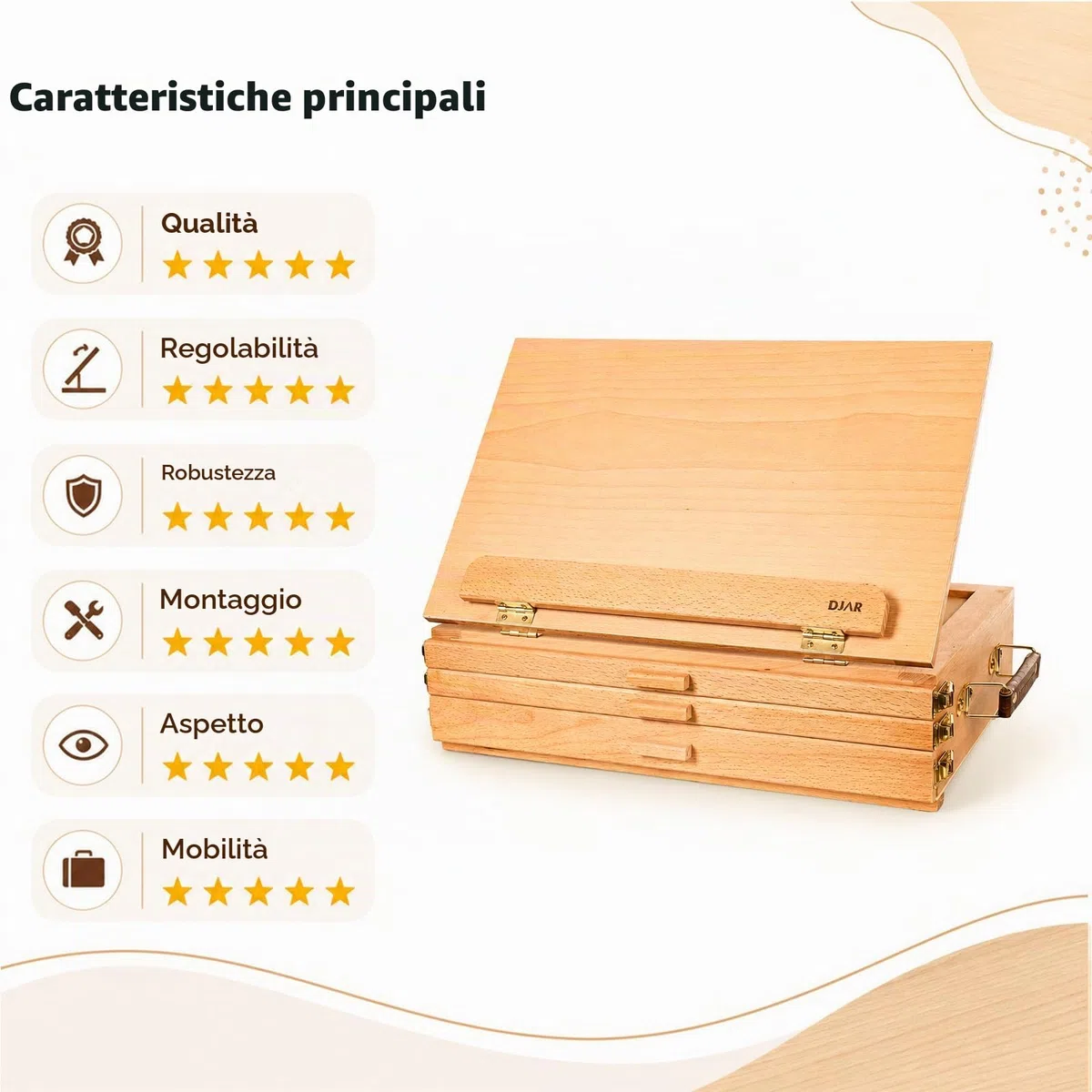 DJAR Cavalletto da tavolo per pittura con 3 cassetti portaoggetti, regolabile e portatile in legno di faggio, Sketchbox da scrivania, supporto per pittura artistica per adulti e studenti