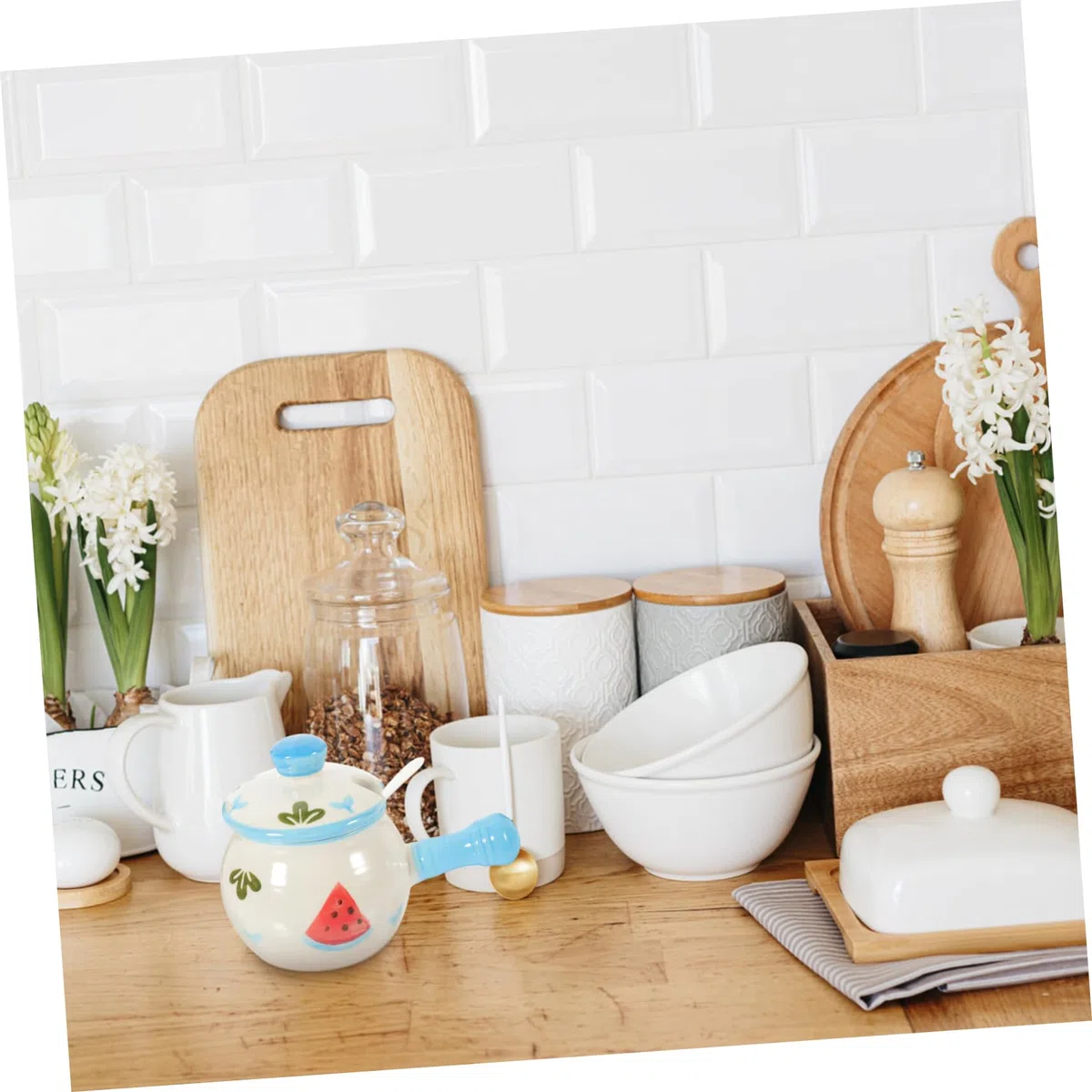 COLLBATH Barattolo Per Condimento in Materiale Refrattario Manico e Coperchio, Contenitore Per Strutto e Spezie Da Cucina, Vaso Per Zucchero e Sale, Contenitore Di Stoccaggio Per Ambienti d