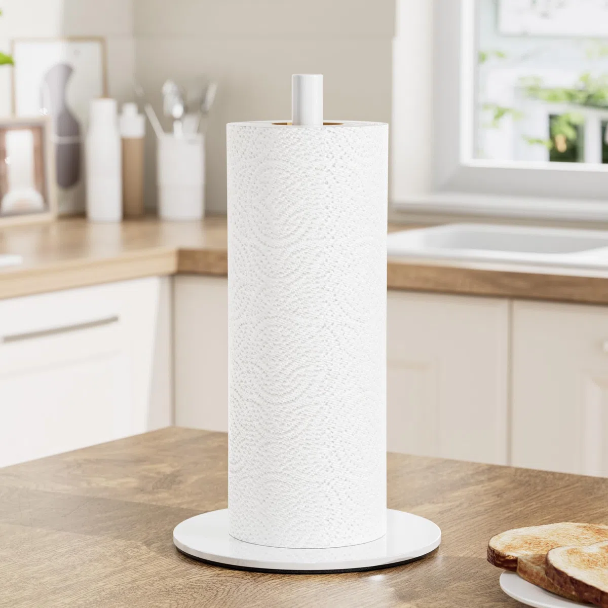 Portarotolo da cucina bianco in piedi, porta rotolo di carta igienica, organizer da cucina in acciaio inossidabile, porta rotolo di carta da cucina con base pesante