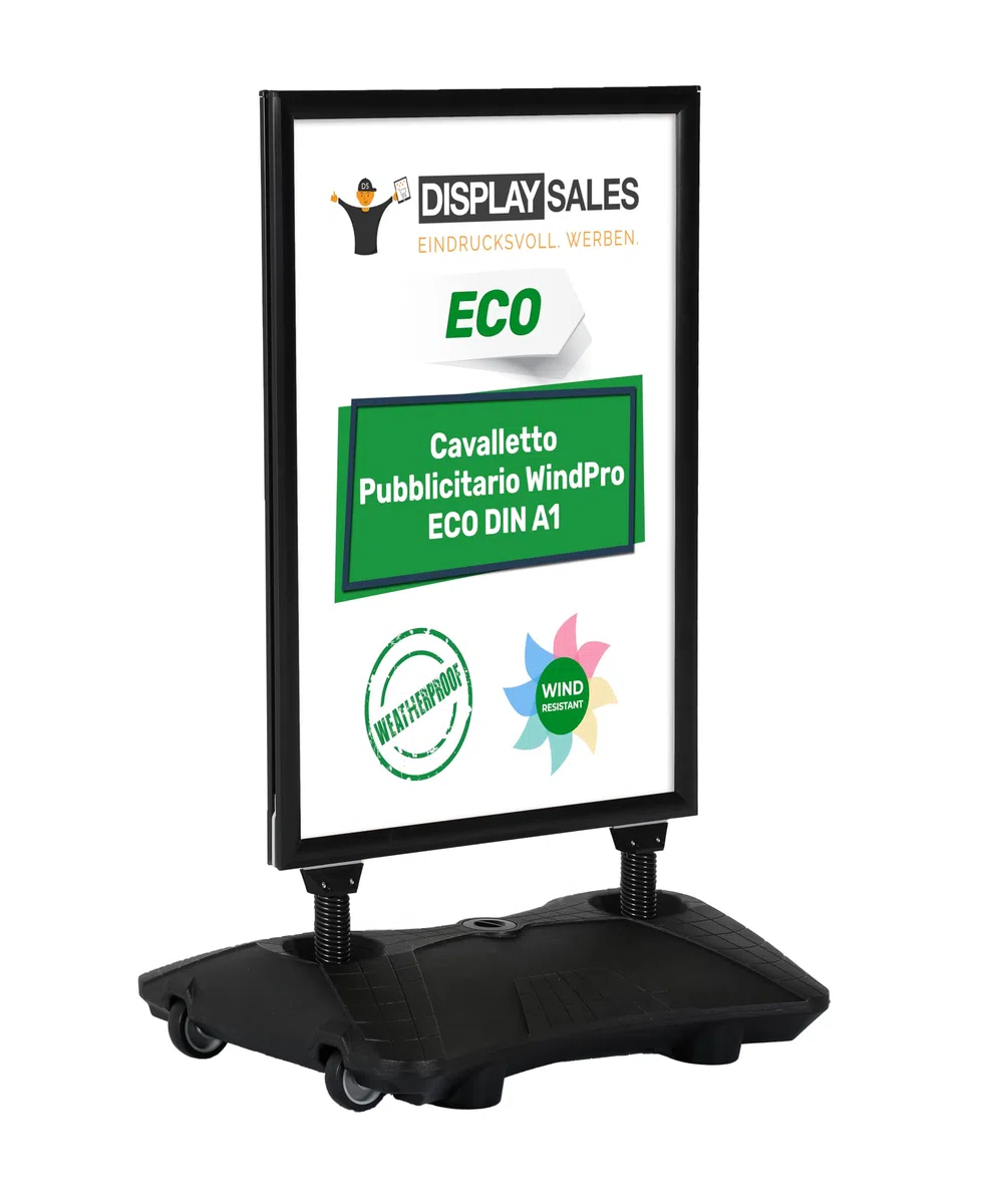 Cavalletto pubblicitario WindPro® ECO | Cartellone pubblicitario OUTDOOR in formato DIN A1 | Supporto per poster A1 in nero | Espositore pubblicitario per 2 poster