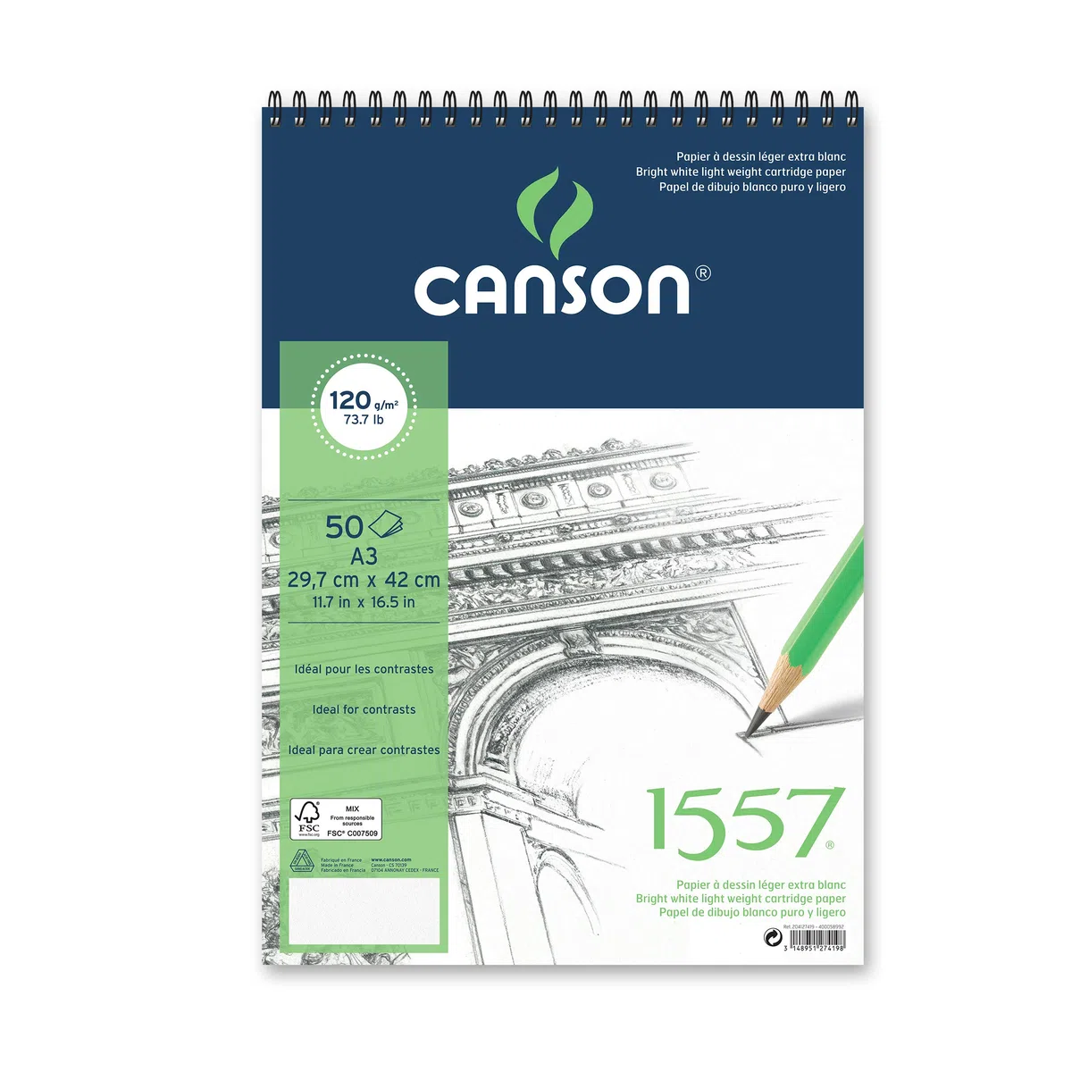 Canson JA 1557, album a spirale, formato A3, 50 fogli, grana fine, 120 g