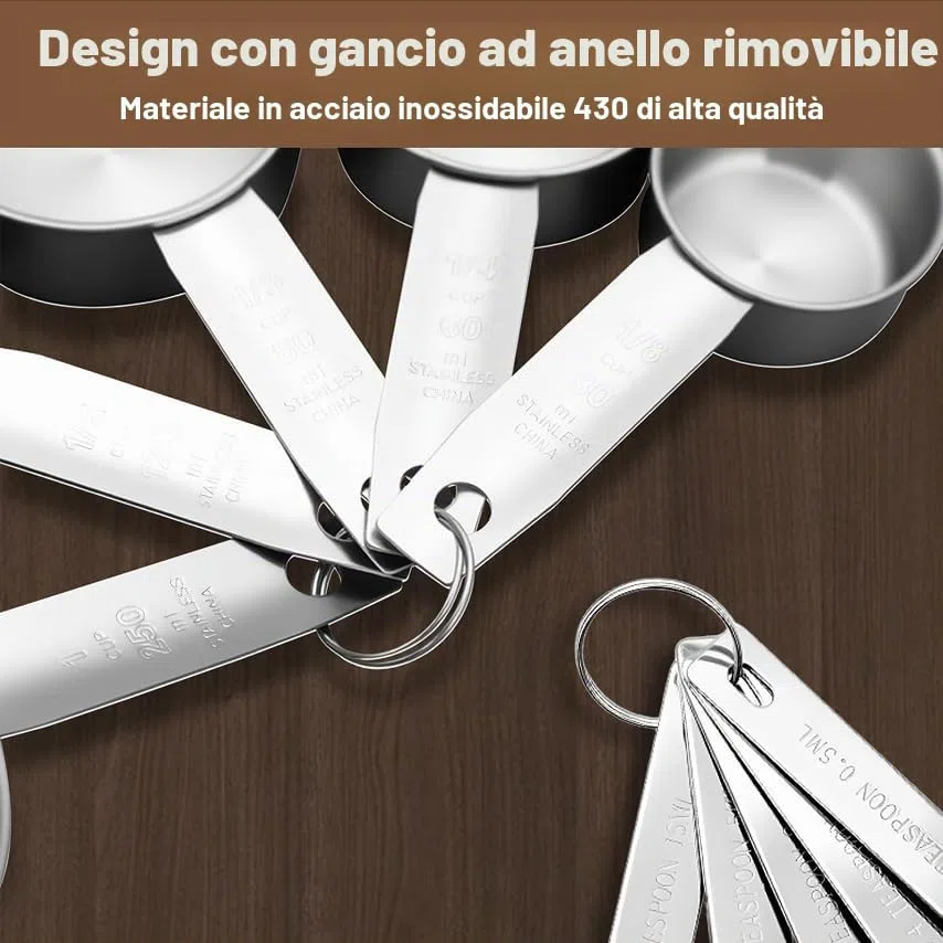 Set di Cucchiai Dosatori in Acciaio Inox 12 Pezzi con Mollette, Misurino per Ingredienti Secchi e Liquidi - Tazze di Misura in Grammi