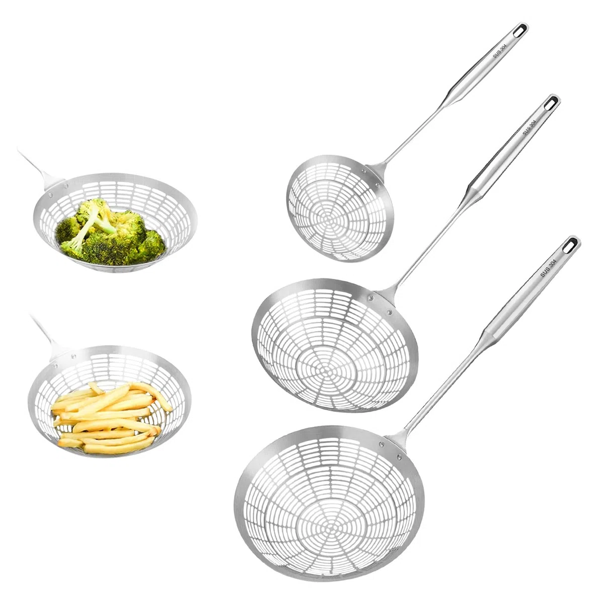 Set di 3 colini da cucina a forma di ragno con manico lungo, in acciaio inox, per cucinare, da 41 cm a 45 cm
