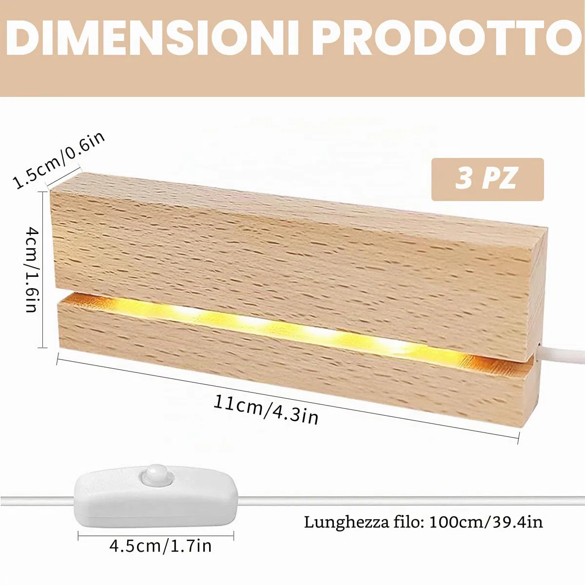 Base per Display con Luci LED in Legno - 3 Pezzi, Rettangolare, Illuminazione USB