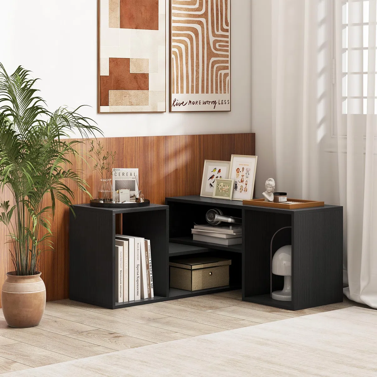 KOMFOTTEU Mobile TV Soggiorno Liberamente Combinabile da 2 Pezzi, Mobiletto TV Multifunzione per TV fino a 60”, Mobile Porta TV in Legno con Vani Aperti e Chiusi, per Camera da Letto (Nero)
