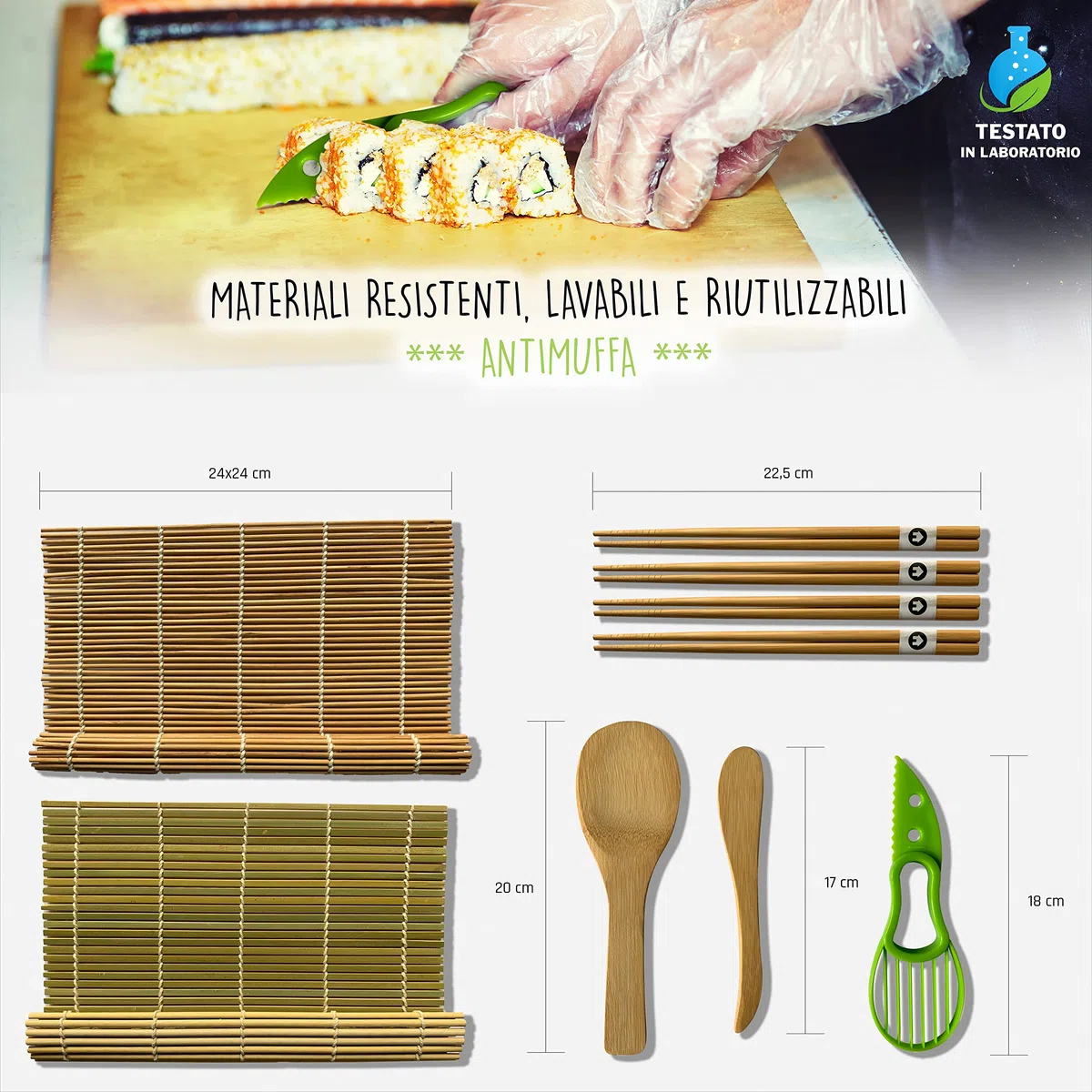 Make Maki Kit Sushi 10 Pezzi in Bamboo sushi kit Sushi Maker per Cibo Giapponese con Bacchette Giapponesi Set Sushi Certificato Omaggio Ricettario E Video Tutorial