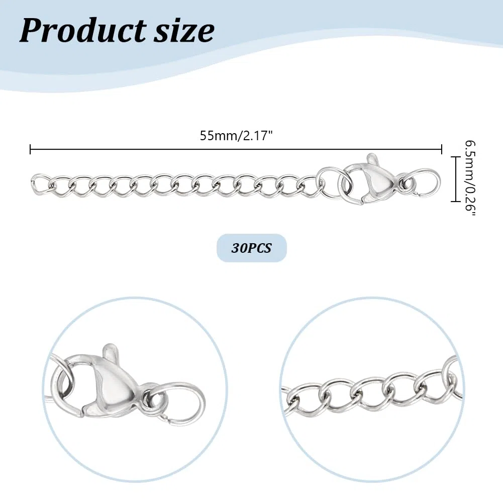 UNICRAFTALE 30 pz 55mm di Lunghezza 304 Catene in Acciaio Inox Estensori per Catena Barbazzale con Fermagli Ad Artiglio di Aragosta Estensione Anello di Salto Aperto per Creazione di Gioielli Collane