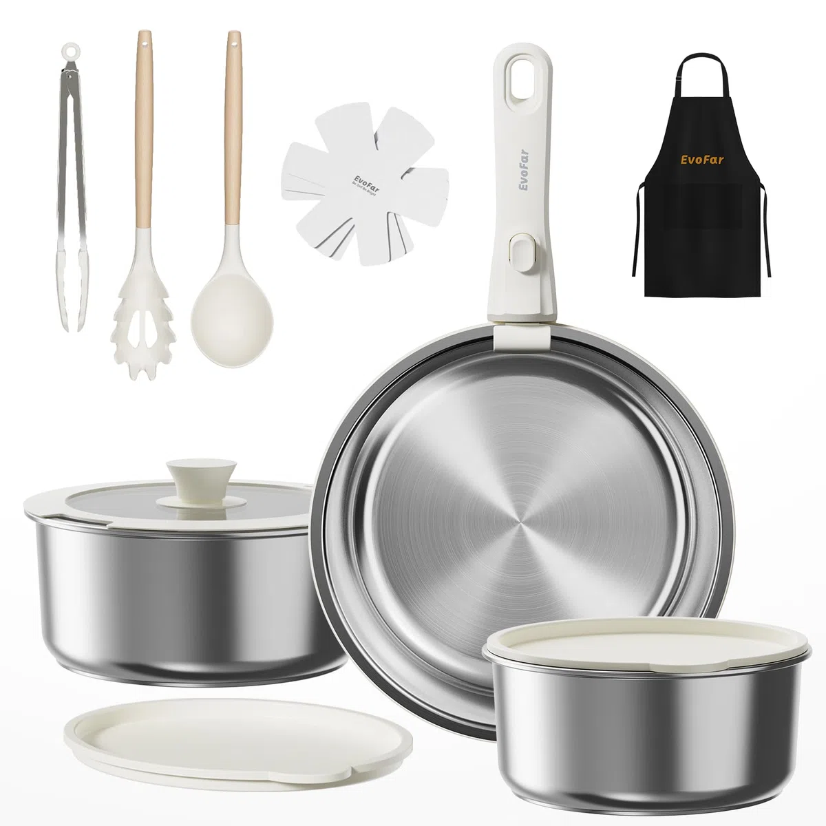 Set di pentole in acciaio inox, 14 pezzi, con manici rimovibili, padella da 24 cm, pentola da 18/20 cm, impilabile, adatto a tutti i tipi di piano cottura (argento)