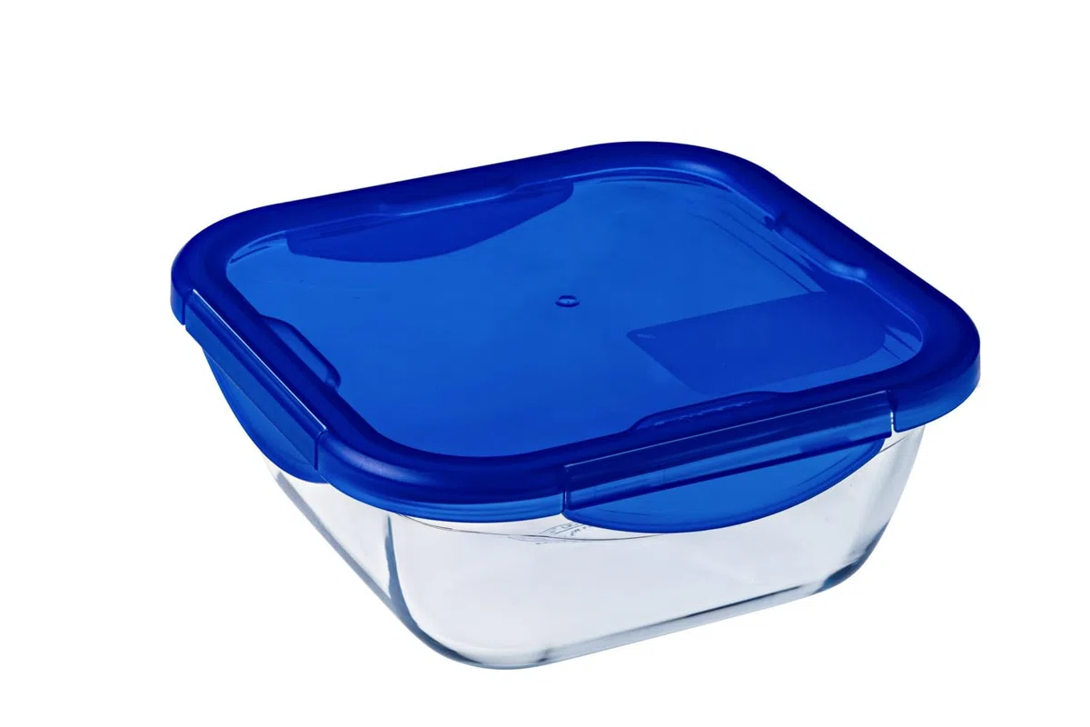 Pyrex Padella multiuso quadrata Cook & Go con coperchio ermetico, trasparente e blu, 21 x 21 x 8 cm, 1,9 L