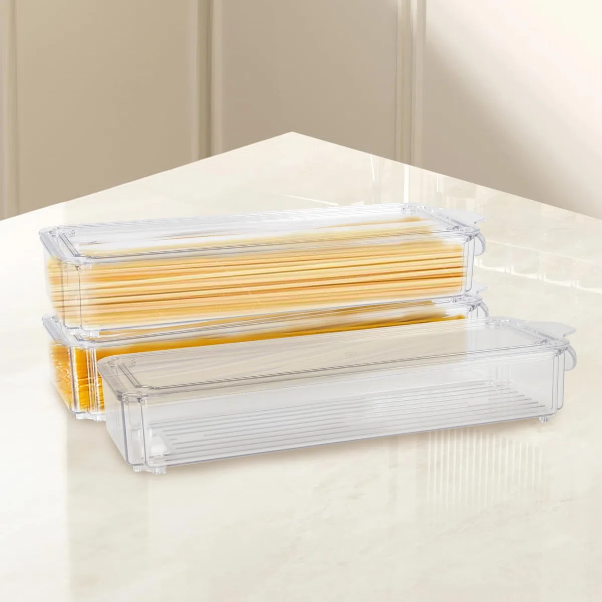 Spaghetti - Set di 3 contenitori impilabili e ermetici con coperchio per pasta, cereali e cornflakes, ideali per armadietti e organizer da cucina