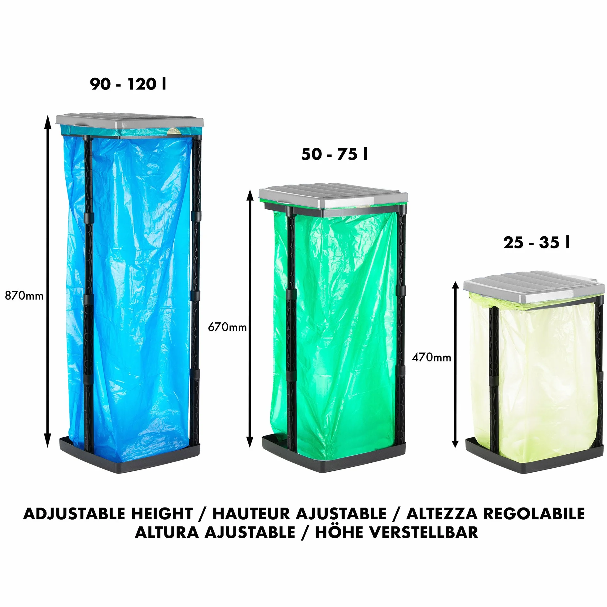 Grizzly porta sacchi spazzatura, 1x portarifiuti cestino per rifiuti con coperchio grigio, sistema a innesto regolabile in altezza con anello di fissaggio, per di diverse dimensioni da 25-120 litri