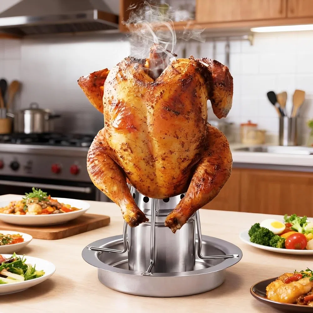 Supporto Pollo Bbq In Acciaio Inox,Griglia per Pollo Barbecue con Vassoio,Teglia per Pollos Girarrosto,Supporto per Cucinare,Porta Arrosto Antiaderente,Roaster Rack Verticale per Forno, Grilling