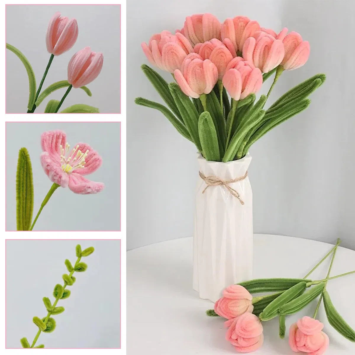 Set di 400 Scovolini con Fiori, Scovolini per Fai-da-te con Gambi, Stami, Nastro Floreale, Borsa Bianca per Fiori, Scovolini DIY per Tulipani & Idee Creative (Rosa)