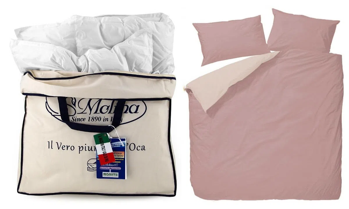 Molina Piumino Matrimoniale Perla 250x220 – 100% Piuma d’Oca Vergine Siberiana – 5 Punti Calore, Anallergico, Invernale Premium Made in Italy + copripiumino double-face var. (Rosa chiaro/Rosa scuro)
