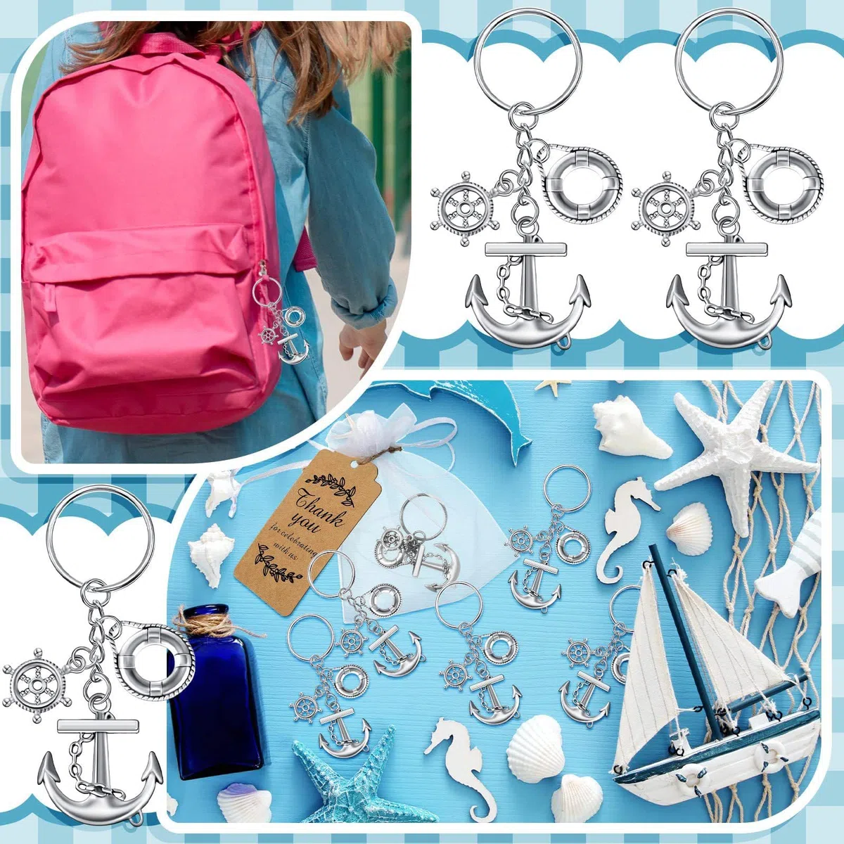 Set di 10 portachiavi a forma di ancora, bomboniere per gli ospiti, souvenir creativi con sacchetti regalo con coulisse ed etichette di ringraziamento per decorazioni a tema nautico per
