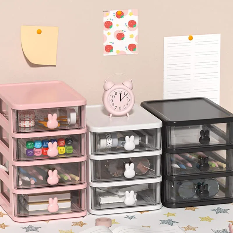 Mobile da tavolo con cassetti per archiviazione, organizer per articoli di cancelleria e arte, con adorabile maniglia a forma di coniglio, per ufficio, camera da letto e garage (Rosa, 3 livelli)