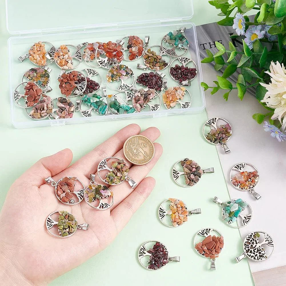 PH PandaHall 32pz Ciondolo Albero della Vita con Pietre, 8 Stile Charm Pendente Albero della Vita Ciondolo Rotondo Argento Ciondoli Pietre per Collane Bomboniere Portachiavi Fai da te